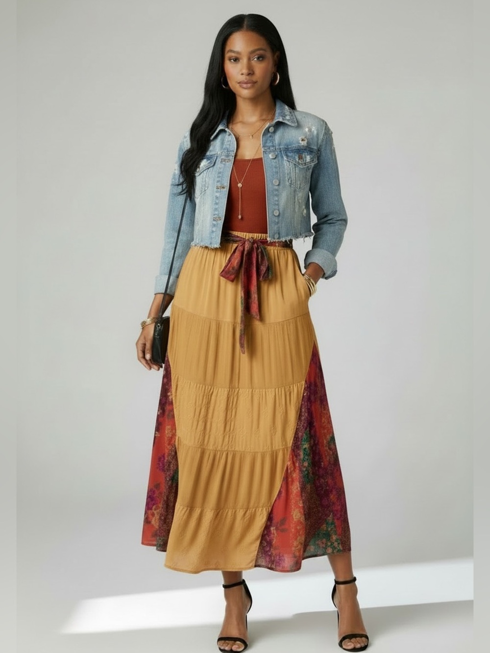 Mustard Tiered Maxi Skirt with Printed Side Panels - Picture 4 of 5